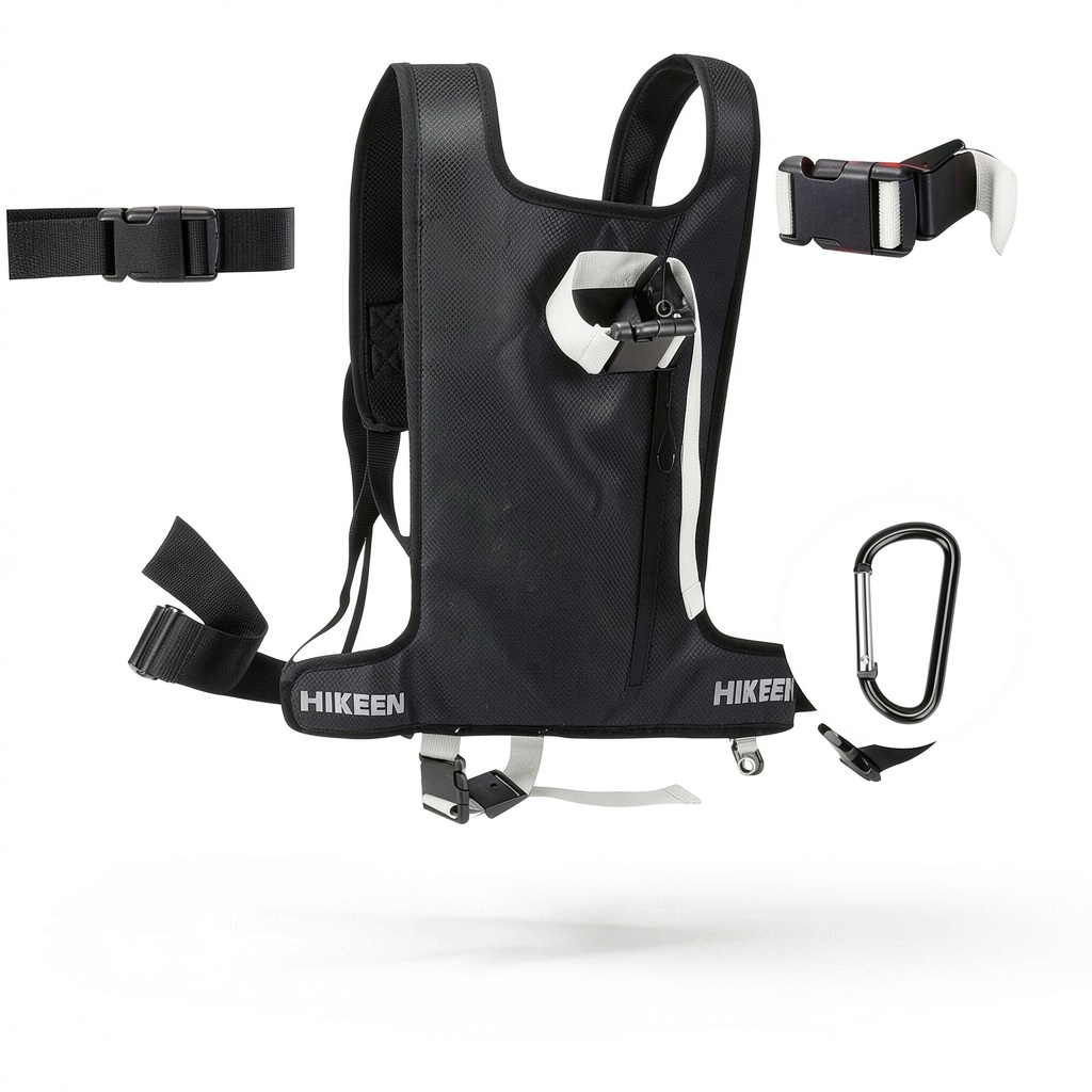 Hikeen ski carrier harness displayed on a snowy slope