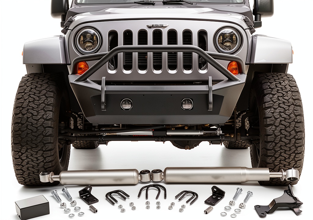 Dual steering stabilizer installed on a lifted Jeep Wrangler