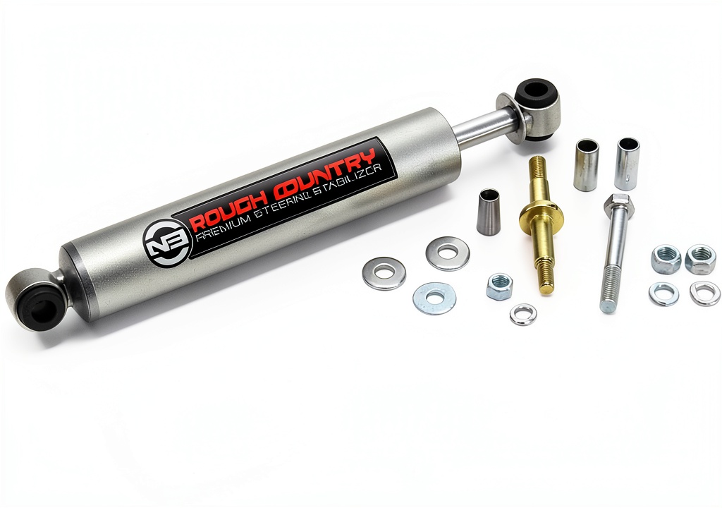Installing Rough Country N3 Steering Stabilizer for Ram 2500 on a wooden workbench